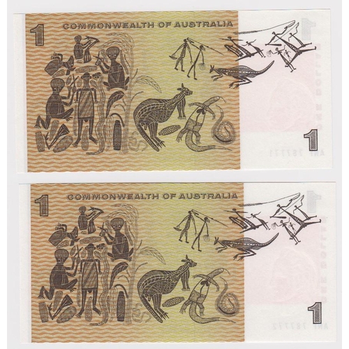 482 - Australia 1 Dollar (2) issued 1969, a consecutively numbered pair signed Phillips & Randall, serial ... 