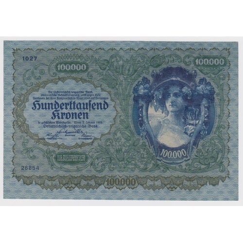 485 - Austria 100,000 Kronen dated 2nd January 1922, serial 1027 26854 (TBB B117a, Pick81) one centre fold... 