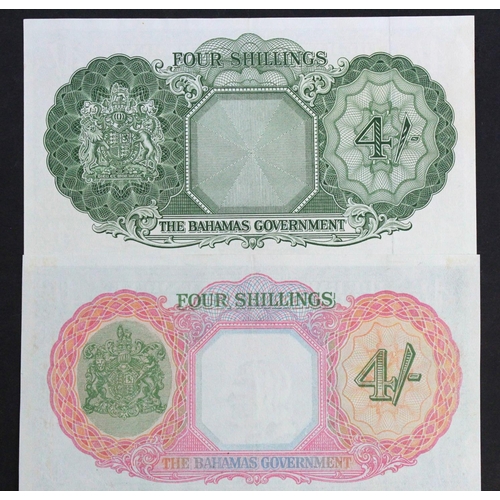 489 - Bahamas (2), 4 Shillings issued 1953 (1961), portrait Queen Elizabeth II at right, serial A/5 234748... 