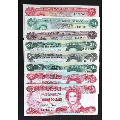 490 - Bahamas (8), 3 Dollars (3) dated 1968 and 1974, 1 Dollar (3) dated 1974, 1974 and 2002, 50 Cents (2)... 
