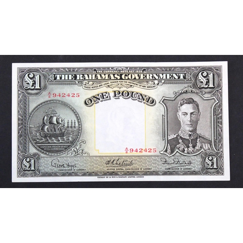 491 - Bahamas 1 Pound dated 1936 Currency Note Act (introduced 1947), portrait King George VI at right, se... 