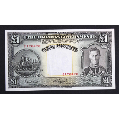 492 - Bahamas 1 Pound dated 1936 Currency Note Act (introduced 1947), portrait King George VI at right, se... 