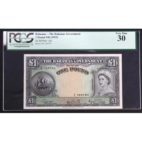 494 - Bahamas 1 Pound issued 1953 (1963), portrait Queen Elizabeth II at right, serial A/5 184795 (TBB B11... 