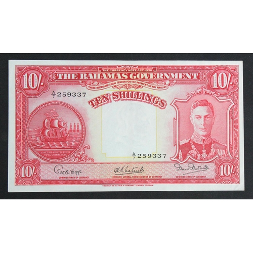497 - Bahamas 10 Shillings dated 1936 Currency Note Act (introduced 1947), portrait King George VI at righ... 