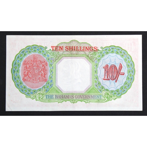 497 - Bahamas 10 Shillings dated 1936 Currency Note Act (introduced 1947), portrait King George VI at righ... 