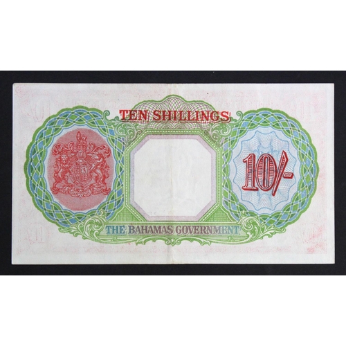 498 - Bahamas 10 Shillings dated 1936 Currency Note Act (introduced 1947), portrait King George VI at righ... 