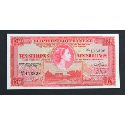 506 - Bermuda 10 Shillings dated 1st May 1957, portrait Queen Elizabeth II at centre, serial M/1 116328 (T... 