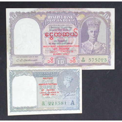 521 - Burma (2) 10 Rupees issued 1945, King George VI portrait at right, red overprint 