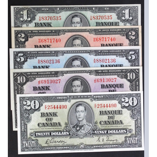 523 - Canada (5), a group of King George VI notes, 20 Dollars, 10 Dollars, 5 Dollars, 2 Dollars and 1 Doll... 