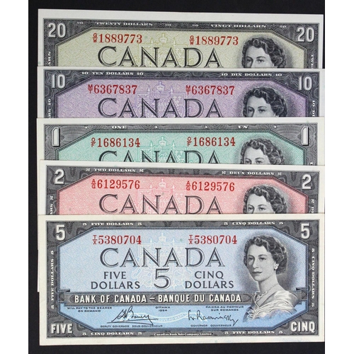 524 - Canada (5), a group of Queen Elizabeth II notes, 20 Dollars, 10 Dollars, 5 Dollars, 2 Dollars and 1 ... 