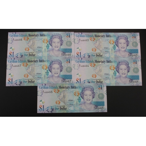 529 - Cayman Islands 1 Dollar REPLACEMENT notes (5) dated 2010, a consecutively numbered run, serial Z/1 0... 