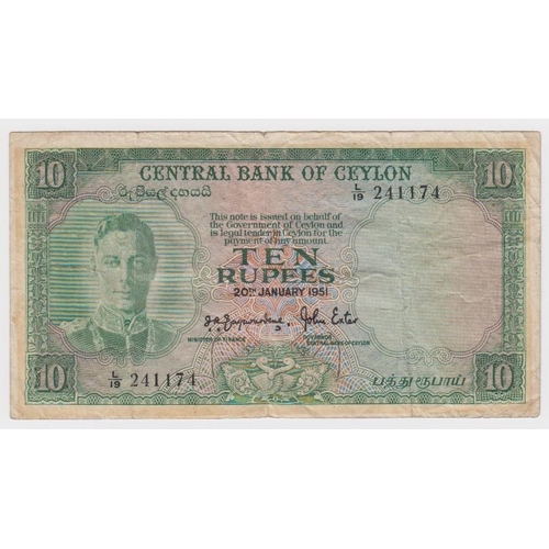 534 - Ceylon 10 Rupees dated 20th January 1951, serial L/19 241174 (TBB B302a, Pick48) tiny edge nicks, to... 