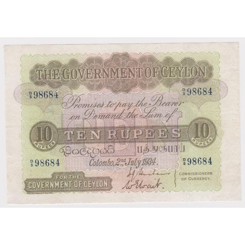 535 - Ceylon 10 Rupees dated 2nd July 1934, serial D/5 98684 (TBB B218e, Pick25a) pair of holes at left, b... 