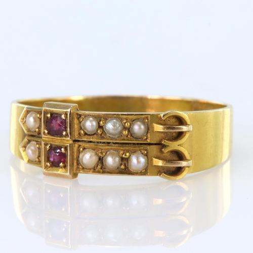 13 - 15ct buckle ring with seed pearls and rubies, hallmarked Birmingham 1896. Size U, weight 3g