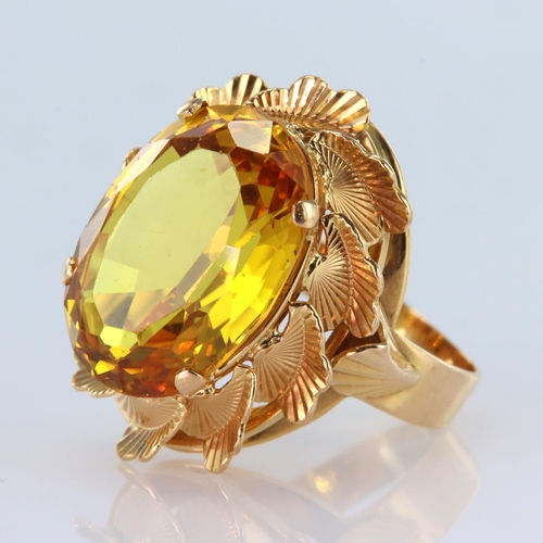 15 - 18ct yellow gold dress ring set with an oval citrine measuring approx. 15mm x 12mm, finger size K/J,... 