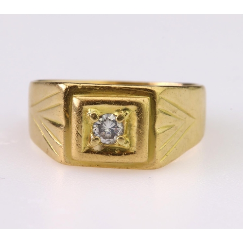 34 - 18ct yellow gold square signet style ring set with a single round brilliant cut diamond weighing app... 