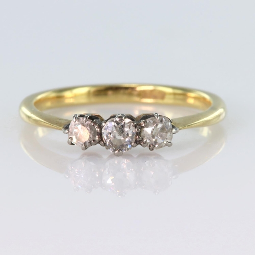 4 - 18ct yellow gold ring set with three round old cut diamonds in claw settings totalling approx. 0.35c... 