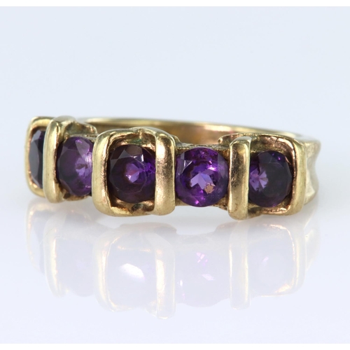 55 - 9ct yellow gold ring set with five round amethysts with bar settings, finger size O, weight 5.5g