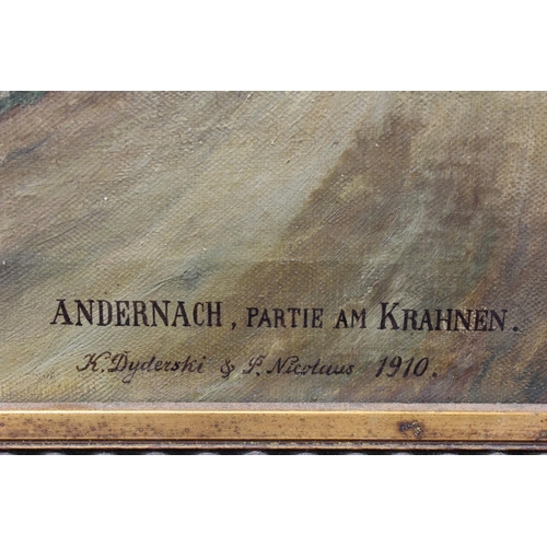 463 - K. Dyderski & P. Nicolaus. Architectural oil on canvas titled Andernach, Partie am Krahnen (Stone Cr... 