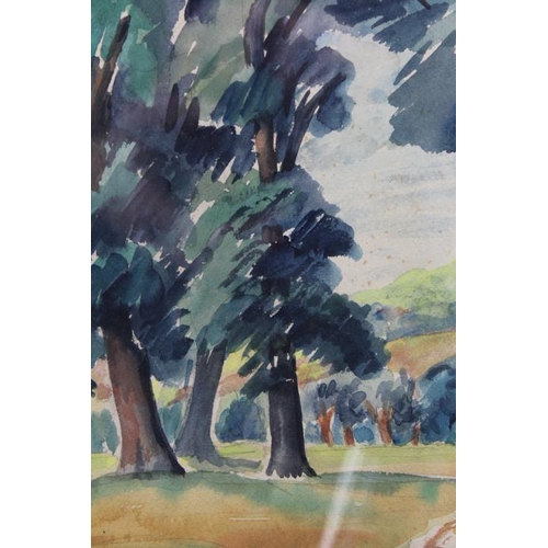 464 - Kapp, Helen (1901-1978). Watercolour of a view with trees in the foreground. Signed lower left. Meas... 