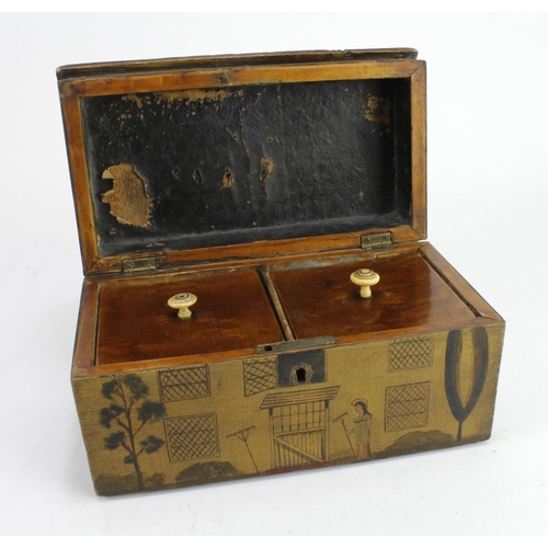 580 - Folk Art Tea caddy (19th century). In the style of a house. Hand painted details around each side wi... 