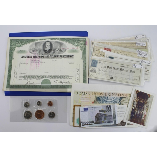 19 - Share Certificates, Cheques, Advertising/Test notes, Premium Bonds (80) plus a few US coins, an inte... 
