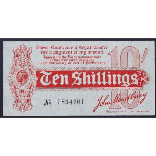 25 - Bradbury 10 Shillings ( T9) issued 1914, Royal Cypher watermark, serial A/2 894701, No. with dash (T... 