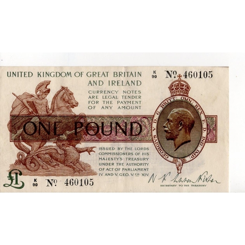 32 - Warren Fisher 1 Pound (T24) issued 1919, rarer FIRST SERIES 'K' prefix, serial K/90 460105, original... 