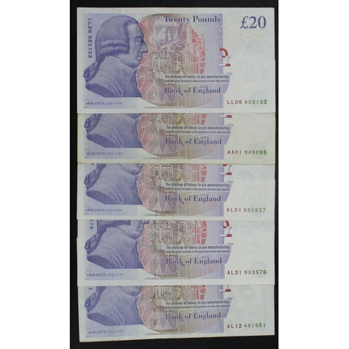 43 - Bailey 20 Pounds (B405, B406) issued 2007 (5), 3 x COLUMN SORT notes including a scarce FIRST RUN 'A... 