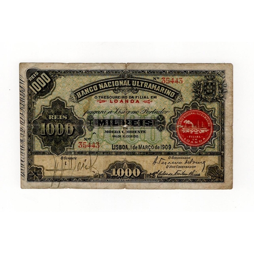 523 - Angola 1000 Reis dated 1st March 1909, serial No. 35443 (Pick27) holes and splits, edge nicks, VG an... 