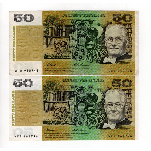532 - Australia 50 Dollars (2) issued 1994, signed Fraser & Evans, serial WRR 950746 & WVT 464796 (TBB B21... 