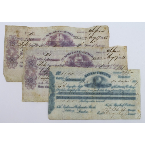 533 - Australia Sight Notes (3), Union Bank of Australia dated 1858 (2) consecutive numbers, Bank of Victo... 