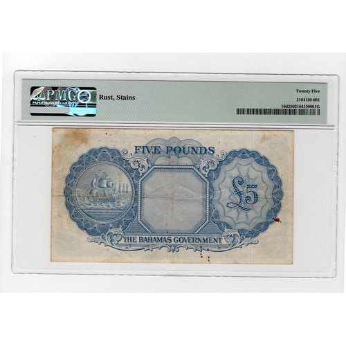 538 - Bahamas 5 Pounds issued 1953 (Currency Act 1936), portrait Queen Elizabeth II at right, serial A/2 0... 