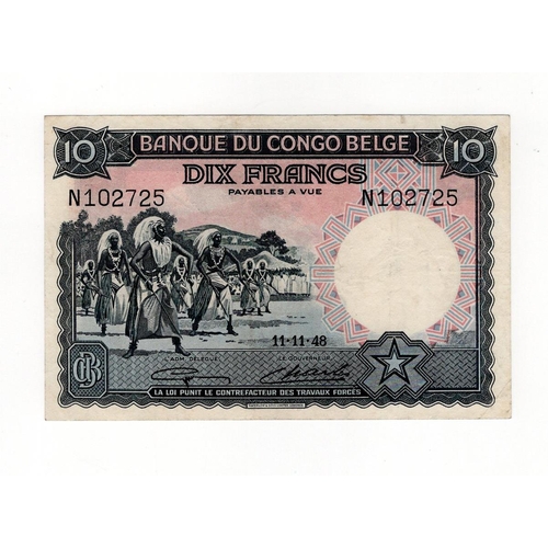 545 - Belgian Congo 10 Francs dated 11th November 1948, without 'emission' overprints, serial N102725 (TBB... 