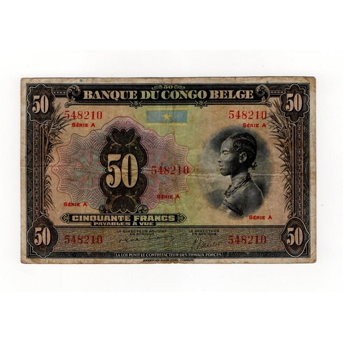548 - Belgian Congo 50 Francs issued 1941 - 1942, rarer FIRST SERIES 'A' note, serial A 548210 (TBB B218a,... 