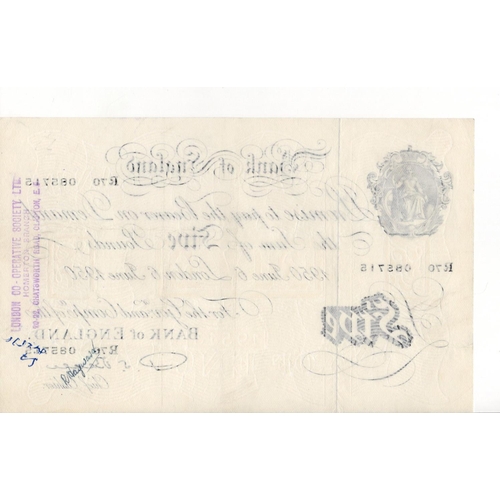 55 - Beale 5 Pounds (B270) dated 10th May 1952, serial R70 085715 (B270, Pick344) bank stamp and annotati... 