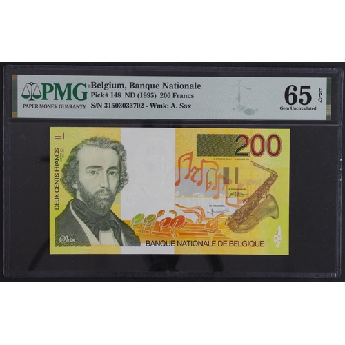 550 - Belgium 200 Francs issued 1995, serial No. 31503033702 (TBB B591a, Pick148) in PMG holder graded 65 ... 