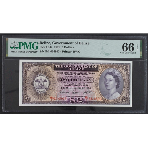 555 - Belize 2 Dollars dated 1st January 1976, Queen Elizabeth II portrait at right, serial B/1 664803 (TB... 