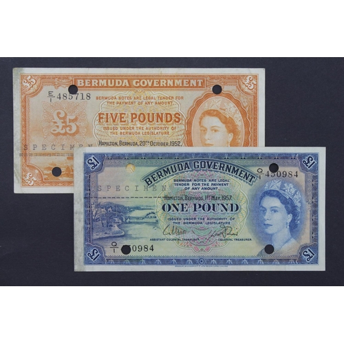 557 - Bermuda (2), a scarce pair of SPECIMEN notes, 5 Pounds dated 20th October 1952 and 1 Pound dated 1st... 