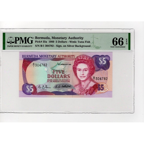 559 - Bermuda 5 Dollars dated 20th February 1989, serial B/1 304782 (TBB B208a, Pick35a) in PMG holder gra... 