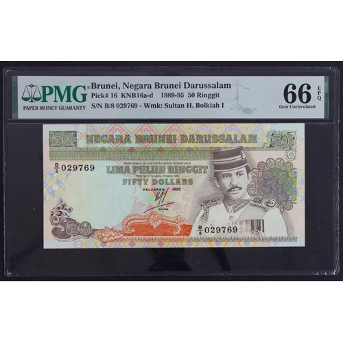 573 - Brunei 50 Ringgit dated 1995, serial B/8 029769 (TBB B116e, Pick16a) in PMG holder graded 66 EPQ Gem... 
