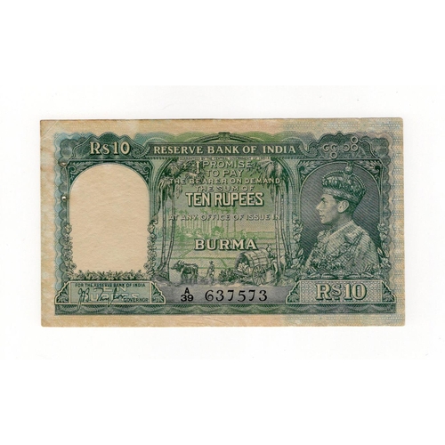 574 - Burma 10 Rupees issued 1938, portrait King George VI at right, signed J.B. Taylor, serial A/39 63757... 