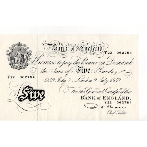 59 - Beale 5 Pounds (B270) dated 2nd July 1952, serial Y22 062784, a consecutively numbered note to the p... 