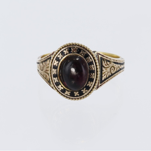15 - Tests 14ct, date hallmark 1835, mourning ring, set with a cabochon garnet measuring 8mm x 6mm with b... 