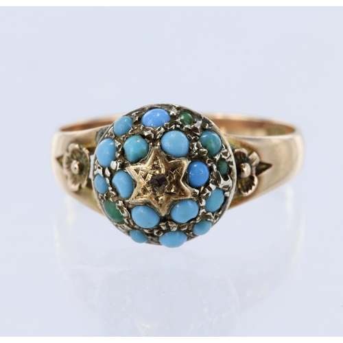 18 - 9ct yellow gold domed head ring set with eighteen turquoise cabochons and a central diamond point, f... 