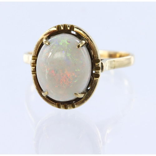 34 - 9ct yellow gold ring set with a single opal cabochon measuring approx. 12mm x 10mm, finger size R, w... 