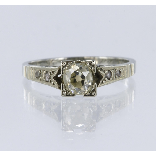 4 - Yellow and white metal (tests 15ct) diamond solitaire ring, old European cut diamond, total diamond ... 