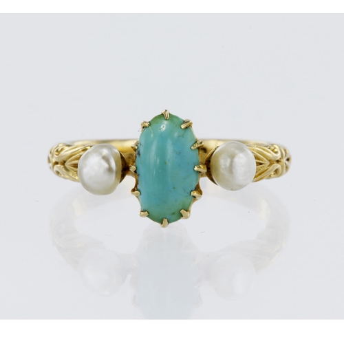 41 - Stamped 18CT yellow metal turquoise and pearl trilogy ring, flanked with engraved shoulders, turquoi... 