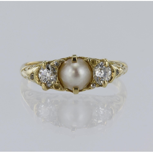 46 - Yellow metal (tests 18ct) half pearl and diamond boat shaped trilogy ring, half pearl measures 5.5mm... 