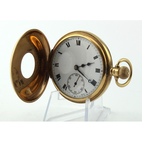552 - Gents 9ct cased half hunter pocket watch. Hallmarked Birmingham 1934. The white dial with black roma... 